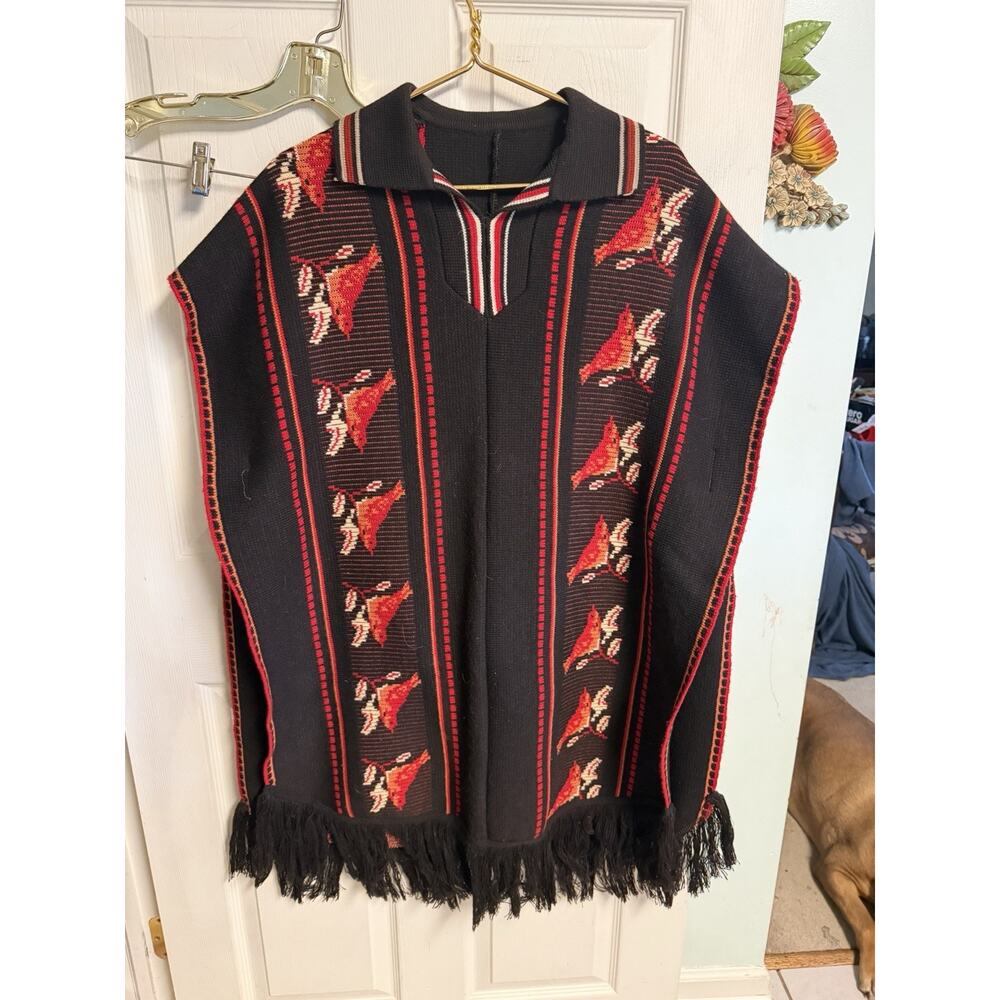 Vnt Poncho 70s Knit Cardigan Cape Sweater Festival Boho Fringed Birds 2xl 54w